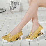 Women's Genuine Leather Platform Shoes Wedges White Lady Hollow printing Casual Shoes Swing mother Shoes Size