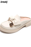 Leather mules metal chain bowknot women slippers creepers sandals Flat shoes thick soled cover toe slides plus size