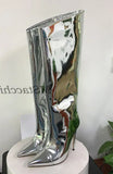 Women's High Boots Gold Silver Pointed Toe Knee-high Boots For Woman Sexy High Heels Party Shoes Ladies Stiletto botas