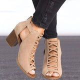 2020 Women Square Heel Sandals Peep Toe Hollow Out Chunky Gladiator Sandals With Strap Black Spring Summer Shoes