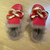 Fur Slippers Loafer Chunky Golden Chains Women Leather Ladies Kopmkp Luxury Mule Sandal Indoor Winter House Shoes Zapato