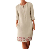 2020 Winter Autumn Button Cotton Linen Dress women Elegant O-Neck Knee length Long Sleeve Pocket Solid Dress Plus