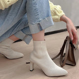 Fashion Women Boots Beige Pointed Toe Yarn Elastic Ankle Boots Thick Heels Shoes Autumn Winter Female Socks