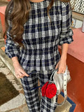 Plaid Print 2 Piece Sets Women Elegant Long Sleeve Ruffled Casual Shirts And Trousers Set High Street Ladies