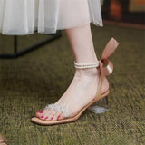 Sandals Crystal Sweet Elegant Square Toe Concise Pearl Ladies Shoes Summer Silk Bowknot Clear Heels Women's Sadalias