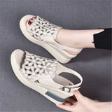 Summer Wedge Shoes for Women Sandals Open Toe Platform Hollow Flowers Retro Lady High Heel Buckle Strap Casual Female