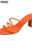 Green Summer Women Square Toe Sandals Ladies Snake Print Strappy Mules 6CM High Heels Slippers Female Fashion Woman