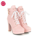 Pink White Black JK Uniform Womens Chunky Platform Ankle Boots Lolita Super High Heel Lace Up Boots Sweet Lace Side Zipper