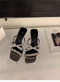Breakj Summer New Fashion Rhinestone Bow One Word High Heel Cool Drag Slippers Women's