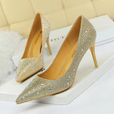 Breakj Korean Version Of Fashion Banquet Women's Shoes Thin Heel Shallow Mouth Pointed Head Sexy Show Thin Water Diamond Color Diamond High Heel Single
