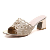 Women Slipper Peep Toe Thick Heels Outside Flip Flops Shoes Woman High Heel Slides Ladies Rhinestone Hollow Beach