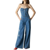 Streetwear Jumpsuits For Women Strapless High Waist Solid Minimalist Denim Wide Leg Pants Female Korean Fashion