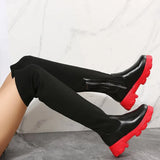 / Winter Thick Bottom Round Leather Knit Knee Boots Women's Plus Size Elastic Fly Wool Leather