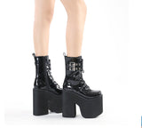 Punk Womens Platform Boots Black Buckle Strap Zipper Creeper Wedges Shoes Mid Calf Military Combat Boots Winter De