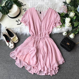 2020 New V-collar Flocking Point Chiffon Couplet Girls Summer Short Playsuits Women Short Sleeve Sweet Jumpsuits
