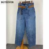 2021 Fashion Belted Harem Jeans Pants Women Vintage Ankle Length Denim Baggy Mom Jean Loose Washed Trousers