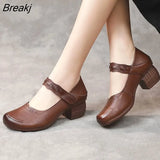2023 Vintage Women Pumps Comfortable Genuine Leather High Heel Shoes Women Round Toe Casual Thick Heel Mother