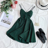 2020 New Women Sexy V-neck Backless Spaghetti Strap Dress Summer Striped Slim A-line Ladies Sandy Beach