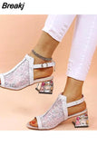 New Women Summer Fashion Mid Heels Peep Toe Shoes for Women Glitter Sandals Ladies Buckle Strap Bling Rhinestone