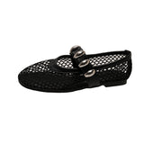 Breakj Button Net Large-Size Single-Shoe Women In The Spring Of 2025 New Flat Solid Color Ballet Shoes Hollow Fishing Net Shoes