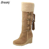 Women Lace Nubuck Flat Heels Winter Snow Boots Women's Flock Plush Padded Winter Long Riding Motorcycle Boots botas de