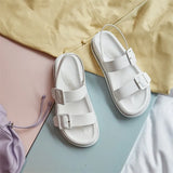 Shoes Women Buckle Genuine Leather Flat Sandals Round Toe Flat Platform Shoes Ladies Summer Causal Sandals White Size