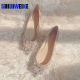 Shoes Woman Square Buckle Crystal Pointed Toe Flats Glitter Shallow Slip On Comfy Loafers Bling Bling 33-44