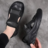 Sandals Men's Summer Leather Breathable Mesh Shoes Outdoor Casual Portable Walking Shoes Non-slip Black Beach