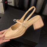 Heels Mary Jane Sandals Women 2023 Summer Red Patent Leather Slingbacks Pumps Woman Square Toe Thick Heeled Shoes