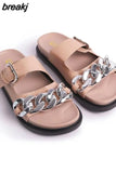 Summer Women Metal Chains Slipper Open Toe Runway Ladies Green Black White Med Heel Slides Shoes Peep Toe