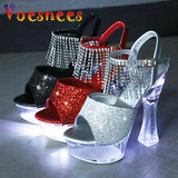 14CM Thick Heel Shoe LED Luminous Transparent Platform Diamond Tassels Sandals For Women Light Up Glowing Pole Dance