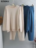 2 Pieces Set Women Knitted Tracksuit O-neck Sweater + Granny pants Sweater Set female Knitted sweater suit Homewear