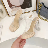 Ankle Strap Thick Square Heels Shoes Transparent PVC Woman Sandals Plus39 Ladies Thick-soled Clear Sandals Zapatillas Mujer