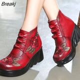Fashion Handmade Boots For Women Genuine Leather Ankle Shoes Vintage Platform Women Shoes Round Toes Wedges
