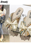 Floral Half Flat Slippers Women's Outdoor 2023 Summer New Fashion Pearl Bow Soft Bottom One Foot Sandals