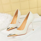 Breakj Retro High Heels Fine Heel Banquet Women Shoes Snake Grain Patent Leather Shallow Mouth Metal Pointed Head High Heel Single