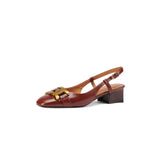 Shoes Women Natural Genuine Leather Square Toe Med Heels Pumps Meta Decoration Slingbacks Thick Heel Lady Shoes