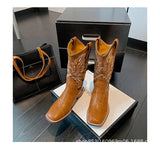 Breakj Embroidery V Moust Martin Boots Women 2025 Autumn Brown Coarse And National Wind Knight Short Boots Western Cowboy