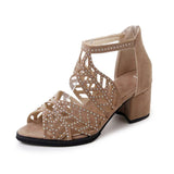 Women Summer Hollow Out Zipper Open Toe Thick Heel Sandals Casual Gladiator Shoes Platform Diamond