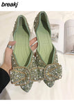 Women Flat Heel Crystal Shoes Pearl Flats Party Spring Summer Pointed Toe Slip On Sexy V Mouth Lady Weekends Loafers
