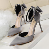 Breakj Korean Version Of Delicate High Heels Satin Hollow Shallow Mouth Tip With Hollow Bow Female
