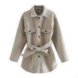 Women Chic Wool Coats With Belt 2021 Solid Long Sleeve Pockets Shirt Jackets Outerwear Turn Down Collar Elegant
