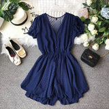 2020 New V-collar Flocking Point Chiffon Couplet Girls Summer Short Playsuits Women Short Sleeve Sweet Jumpsuits