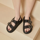 Size 35-40 Sandals Women Real Leather Shoes Summer Beach Ladies Low Heel Shoes Metal Detailed Ankle Buckle