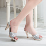 Version Of The New Elegant High-Heeled Sandals Water Drill Pure Color Small Coarse Slippers Summer Cool