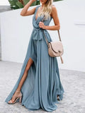 Sexy Wrap V-Neck Office Women's New Solid Sleeveless Long Dress Elegant Ladies Dress Summer Sleeveless Bohemian Beach Chic