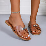 People Wearing Casual Cool Slippers Women's New Summer Metal Buckle Flat Bottom Beach