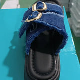 Breakj Bottom Denim Belt Buckle Slippers Women 2025 New Fashion Wear A Word Loose Cake Casual Cold