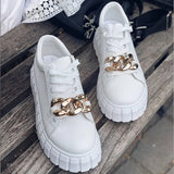 Comfortable Loafer Shoes 2021 New Platform Flat Vulcanized Shoes Metal Chain Casual Sneakers Ladies Shoes Black White