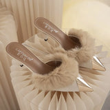 Sexy High Heels Women Fashion Fur Wedding Women Shoes 2023 New Suede Flip Flops Stiletto Pointed Toed Slippers